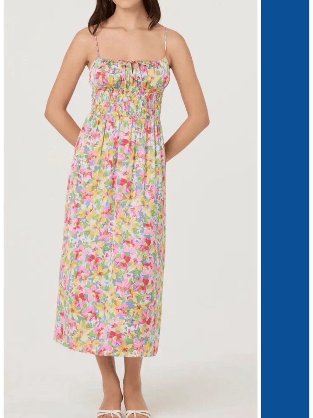 ASTR The Label Satin Smocked Sleeveless Midi Dress Blue Multi Floral Size M EUC